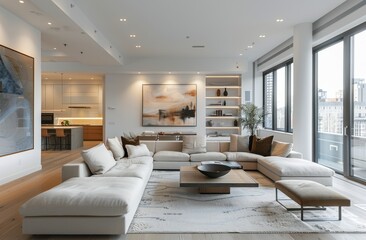 Modern Living Room With White Sectional Sofa And Coffee Table