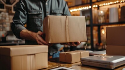Hands Holding Cardboard Box in Warehouse