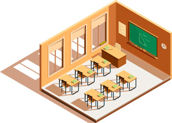 isometric classroom with furniture and equipment, vector illustration