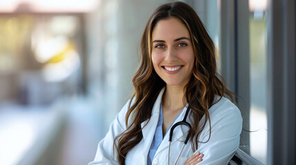 Fototapeta premium Portrait of a long-haired, smiling doctor in a white coat with her stethoscope around her neck in her doctor's office.