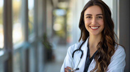 Obraz premium Portrait of a smiling doctor in a white coat with her stethoscope around her neck in hospital.