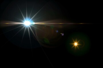 Lens flare effects for overlay designs. Abstract sun burst, digital flare, light lens decoration flash. Blank background