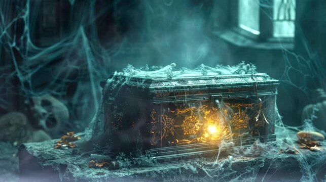 the Halloween props, you stumble upon an old, ornate box hidden under a pile of fake cobwebs. seamless looping time-lapse virtual 4k video animation