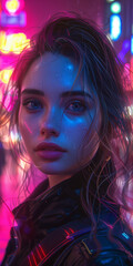 Obraz premium A side profile of woman with long hair, illuminated by the dynamic and vibrant neon lights of a city at night, creating a striking cyberpunk-inspired atmosphere