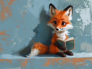A cute red fox with a charming smile holding a green book, illustrating an adorable, playful, and animated character