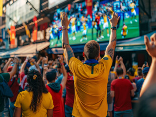 An outdoor sports bar during a major football match, filled with a cheering crowd of fans in jerseys and tattoos, celebrating a goal. The big screen broadcasts the game