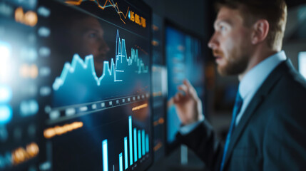 Fototapeta premium Blurred portrait of professionals in a suit points at a digital screen displaying various financial charts and graphs, ,analysis of market trends and economic data for strategic business planning