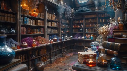 Naklejka premium A Well-Stocked Magical Library And Workshop Filled With Potions And Ingredients