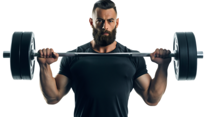 Strong muscular man, male fitness model lifting barbell weights isolated on transparent background. Gym exercise or workout training, bodybuilder athlete, masculine, heavy, energy