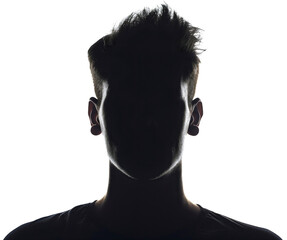 Front view portrait silhouette shadow of mysterious male person face, head and hair. Young man, dark figure