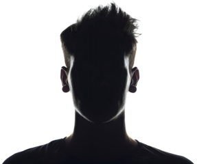 Front view portrait silhouette shadow of mysterious male person face, head and hair. Young man, dark figure