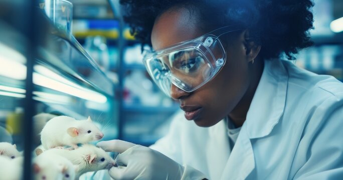 Female scientist in lab coat conducting research with laboratory mice in a scientific laboratory