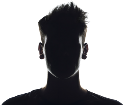 Front view portrait silhouette shadow of mysterious male person face, head and hair. Young man, dark figure