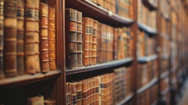 Shelves filled with leather-bound books stand in a warmly lit room, embodying an atmosphere of scholarly pursuits and intellectual curiosity.