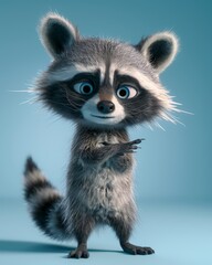 Obraz premium A cartoon raccoon character with bright, curious eyes, pointing sideways, on a pastel blue studio backdrop 
