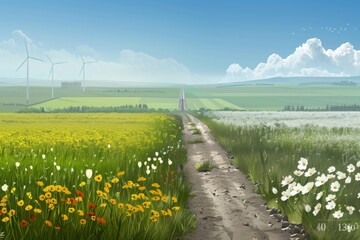 Fototapeta premium Wind turbines in a serene meadow country road dandelions renewable energy rural landscape peaceful green power sustainable environment blue sky eco friendly technology nature scene