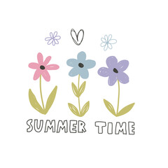 summer time. Cartoon flowers, hand drawing lettering, decor elements. Summer colorful vector illustration, flat style. design for cards, print, posters, logo, cover