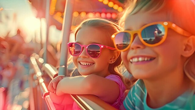children in the amusement park on the ferris wheel , sunny day,generative ai