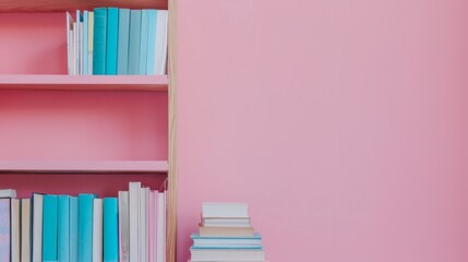 Fototapeta premium A neat arrangement of blue and white books on a wooden bookshelf, set against a pink wall, showcasing a calming and stylish blend of colors for decor.