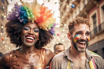 Obraz premium Close-up. A happy African-American transvestite. A woman and a man in a rainbow afro clown wig and shiny makeup celebrate LGBT+ at the pride parade. Gay in fancy dress.