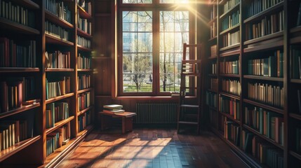 A bright and inviting library with sunlight streaming through large windows, creating a warm, welcoming atmosphere perfect for reading and relaxation surrounded by numerous books.