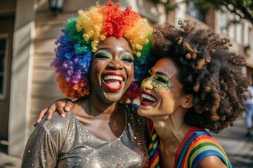 Obraz premium Close-up. A happy African-American transvestite. A woman and a man in a rainbow afro clown wig and shiny makeup celebrate LGBT+ at the pride parade. Gay in fancy dress.