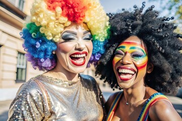 Obraz premium Close-up. A happy African-American transvestite. A woman and a man in a rainbow afro clown wig and shiny makeup celebrate LGBT+ at the pride parade. Gay in fancy dress.