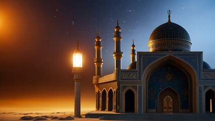 Mosque at Night with Lantern and Stars in the Sky, Ramadan, Islamic, Muslim