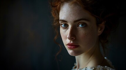 Fototapeta premium Portrait of a woman in Renaissance art style, dark background with dramatic lighting