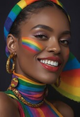 Naklejka premium lgbt activist, portrait of a woman with rainbow makeup, happy face of a girl, young woman smiling