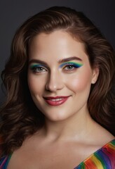 Obraz premium lgbt activist, portrait of a woman with rainbow makeup, happy face of a girl, young woman smiling