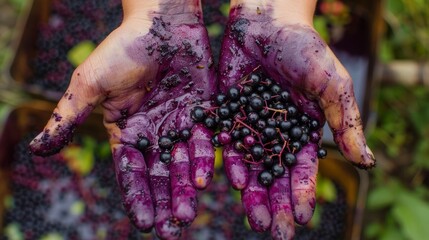 A pair of hands stained purple from picking wild elderberries ready to be turned into a delicious jam.