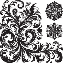 Big calligraphic vector vintage design elements, flourishes, ornaments in retro style  Silhouette white background 