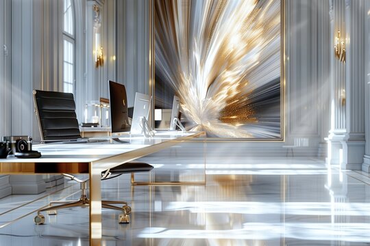 Luxurious office with gold accents and dynamic motion blur lighting.