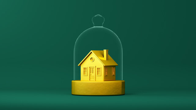 Gold house under glass dome on open green background. Insurance, security, value concept. 3D illustration render.
