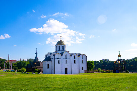 Vitebsk , Belarus JULY 1, 2024: Orthodox Church of the Annunciation of the Most Holy Theotokos and Temple on the Millennium Square of Vitebsk