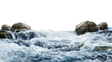 Blue river water stream flow with rock stones isolated on transparent background. Nature liquid creek