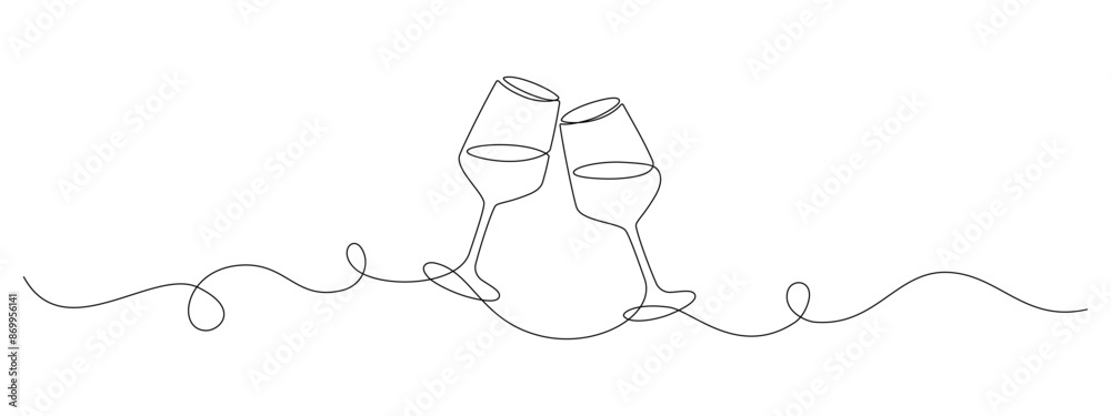 Leinwandbilder two glasses of red wine in continuous one line drawing. champagne toast and cheers in simple linear 