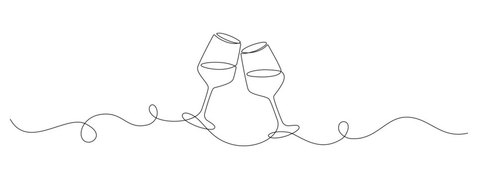 Two glasses of red wine in Continuous one line drawing. Champagne toast and cheers in simple linear style. Alcohol and cocktail drink menu in editable stroke. Doodle oneline vector illustration