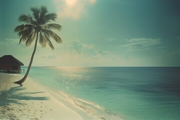 Naklejka premium Stunning tropical beach with white sands and coconut trees invites travelers to paradise. The vibrant landscape promises an unforgettable vacation experience on a luxurious island resort.