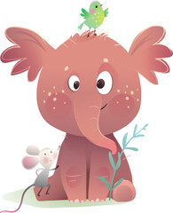 Cute baby elephant and his friends mouse and bird. Characters for children fairy tale. Animals friendship for kindergarten cartoon. Hand drawn vector clipart illustration for kids.
