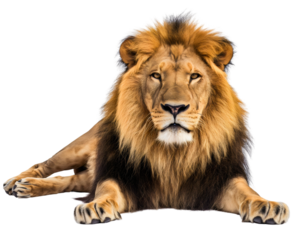 Full body lion front view portrait, lying down, isolated on transparent background. Wild male carnivore predator cat animal with mane, Africa jungle king, danger, power, big, resting and relaxing