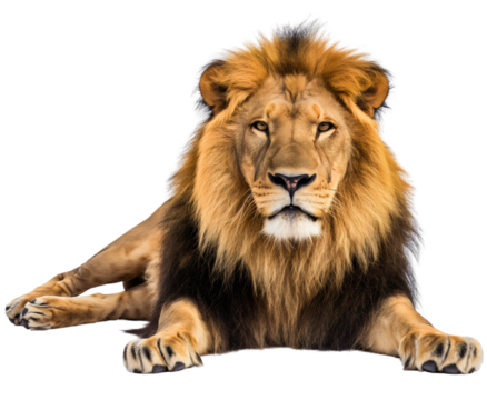 Full body lion front view portrait, lying down, isolated on transparent background. Wild male carnivore predator cat animal with mane, Africa jungle king, danger, power, big, resting and relaxing