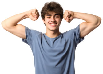 Portrait of happy smiling handsome young man flexing muscles isolated on transparent background. Male fitness model, athlete healthy lifestyle, posing, confident, trainer
