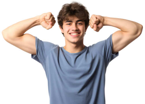 Portrait of happy smiling handsome young man flexing muscles isolated on transparent background. Male fitness model, athlete healthy lifestyle, posing, confident, trainer