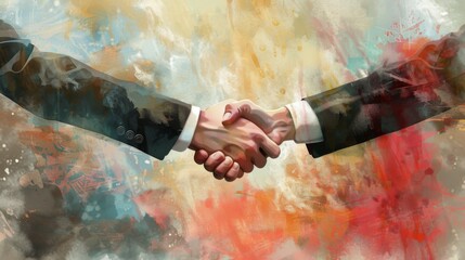 Individuals in a handshake against a colorful, abstract background, representing agreement, partnership, and creative collaboration in a visually dynamic setting.