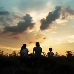 A silhouette of a group of people sitting together on a hill, watching a beautiful sunset