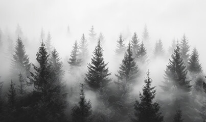Obraz premium Misty Pine Forest in Cloudy Fog Black and White Landscape Mood Background with Natural Atmosphere and Serenity Ideal for Nature Themes and Tranquil Settings