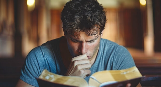 Focused Young Man Reading Bible Indoors in Contemplative Mood with Blurred Background, Symbolizing Faith and Spiritual Reflection, Close-Up Shot During Daytime