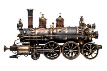 A vintage steam engine model showcasing its antique metal parts, isolated on a transparent background.